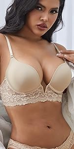 Womens Plunge Deep V Push Up Bras Longline Lace Underwire Padded Lift T-Shirts Smooth Bras