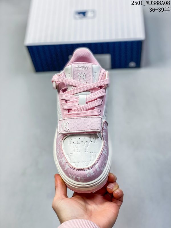 Front view of MLB Chunky Liner 24SS Low-Top Skateboard Shoes in Pink – Bold design with chunky liners for female skaters.