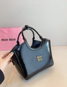 MIU MIU IVY Leather Tote Bag in black with iconic MIU MIU logo, luxury design.