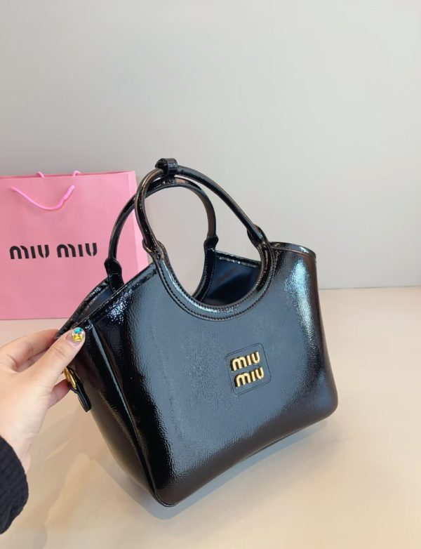 MIU MIU IVY Leather Tote Bag in black with iconic MIU MIU logo, luxury design.