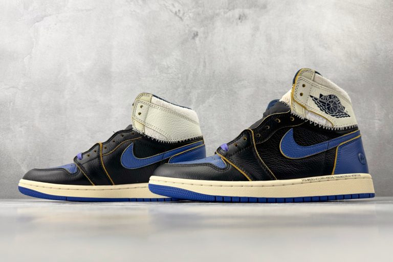 Air Jordan 1 High OG SP Union Fragment Design triple collaboration sneakers full pair side view black blue white colorway