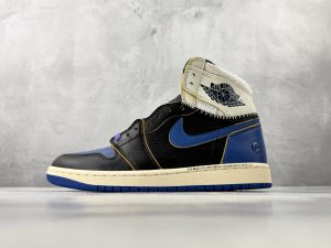 Air Jordan 1 High OG SP Union Fragment Design black white royal blue side profile with premium leather upper and purple lace toggle