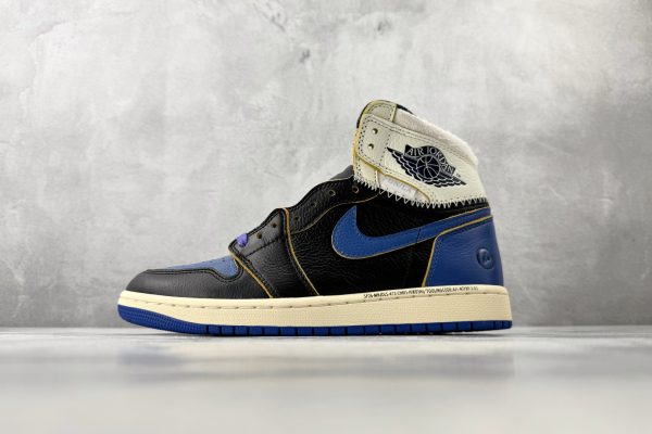 wsxc1779704651584_0 Air Jordan 1 High OG SP Union Fragment Design black white royal blue side profile with premium leather upper and purple lace toggle