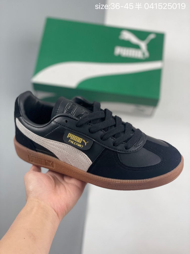 PUMA Palermo Special side view with gold Palermo label and green PUMA box background