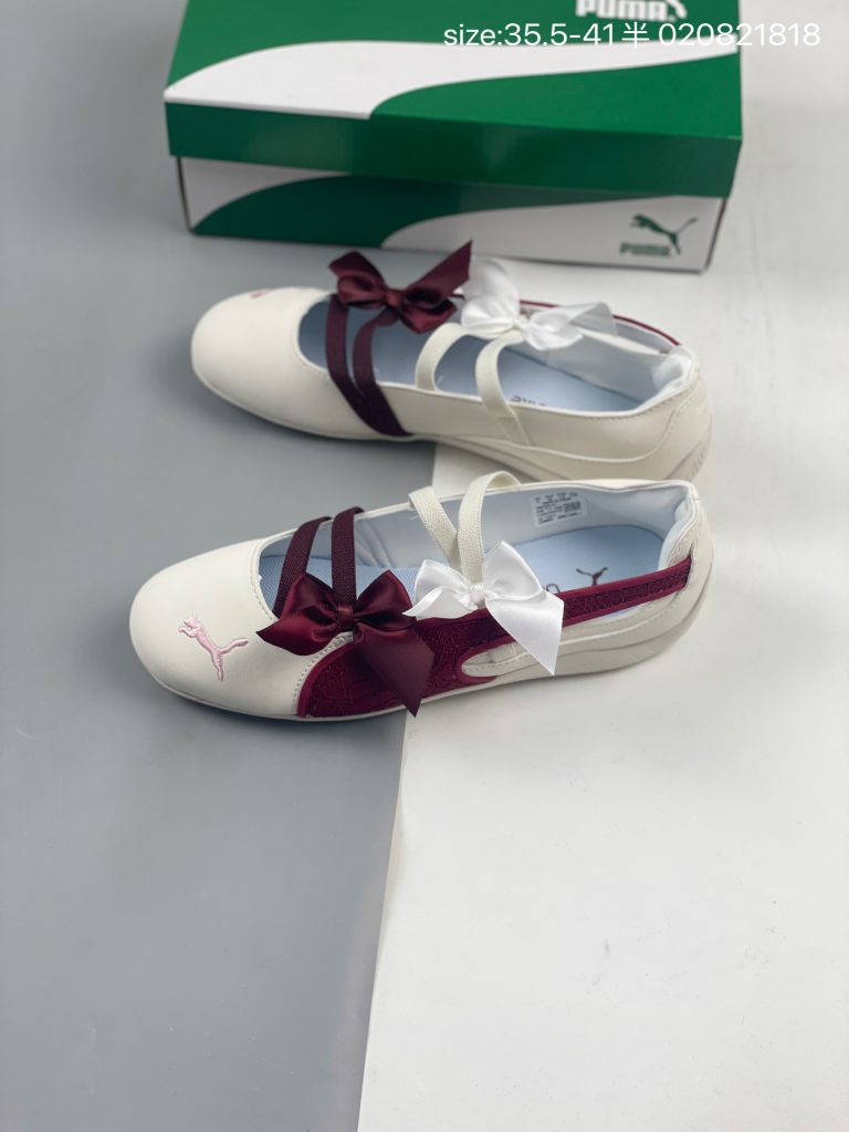 Pair of PUMA Speedcat Lovelace Ballet white burgundy sneakers