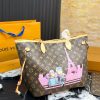 Louis Vuitton Neverfull MM brown monogram tote with Pink Paris graphic front view