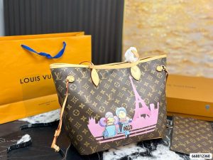 Louis Vuitton Neverfull MM brown monogram tote with Pink Paris graphic front view