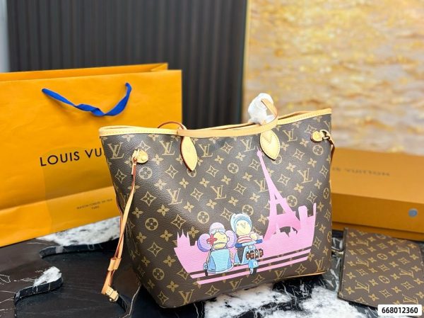 Louis Vuitton Neverfull MM brown monogram tote with Pink Paris graphic front view