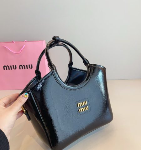 MIU MIU IVY Leather Tote Bag in black with iconic MIU MIU logo, luxury design.